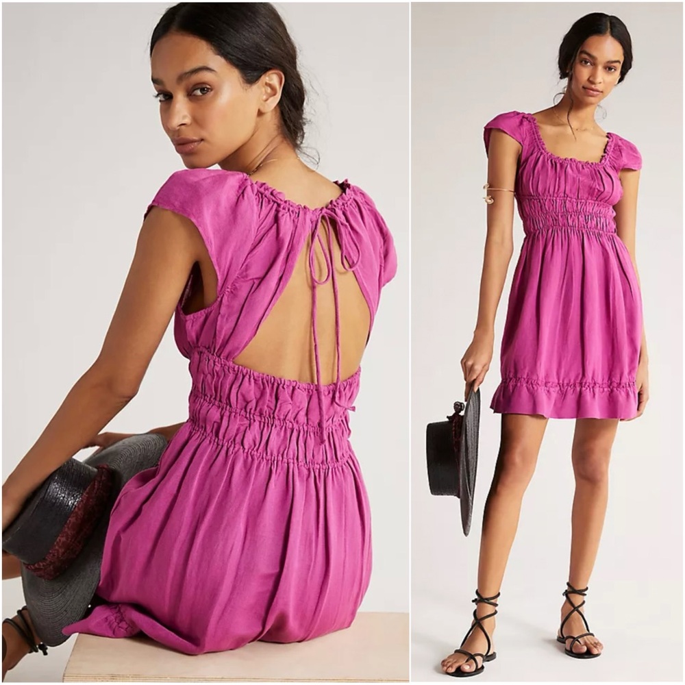 NWT Anthropologie Magenta/Raspberry Linen Smocked Waist Mini Dress Open Back Tie